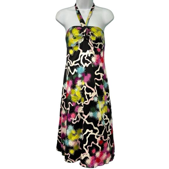 Trina Turk Y2K Abstract Black Pink Green Neon Silk Satin Halter Dress size 8 - Picture 1 of 13
